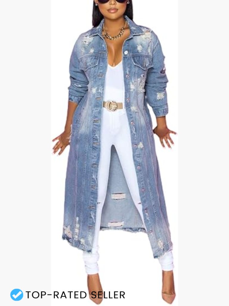 Ripped Holes Maxi Long Denim Jacket Trench Coat Spring Fashion Oversized Y2k